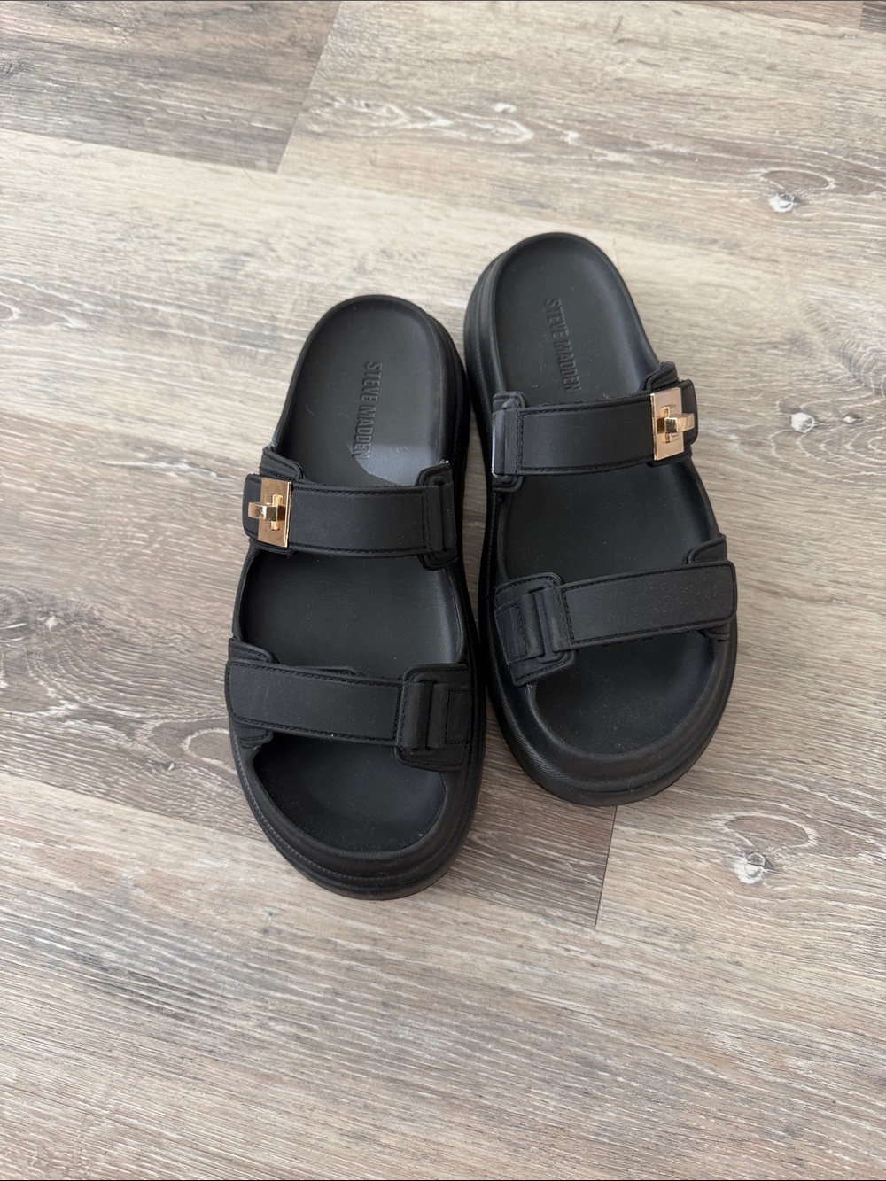 Steve Madden Black Platform Slide Sandals with Gold Buckles